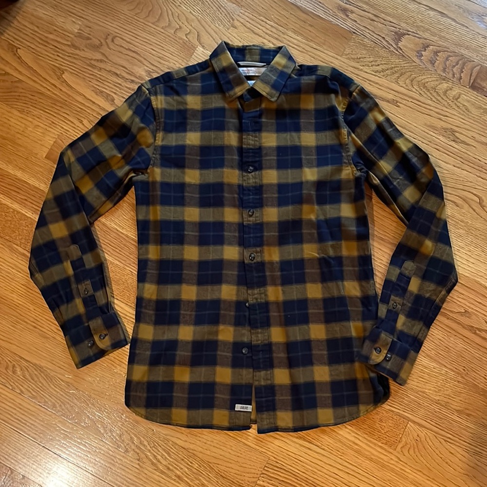 Banana Republic slim fit long sleeve flannel shirt navy blue/gold size S